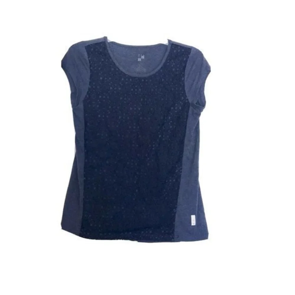 Girls Sz 7-8 Blue Blouse Top Front Overlay knit Crochet Short Sleeve Size Small